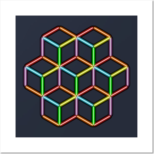 Rainbow Neon Cubes on Black Wall Art by gkillerb